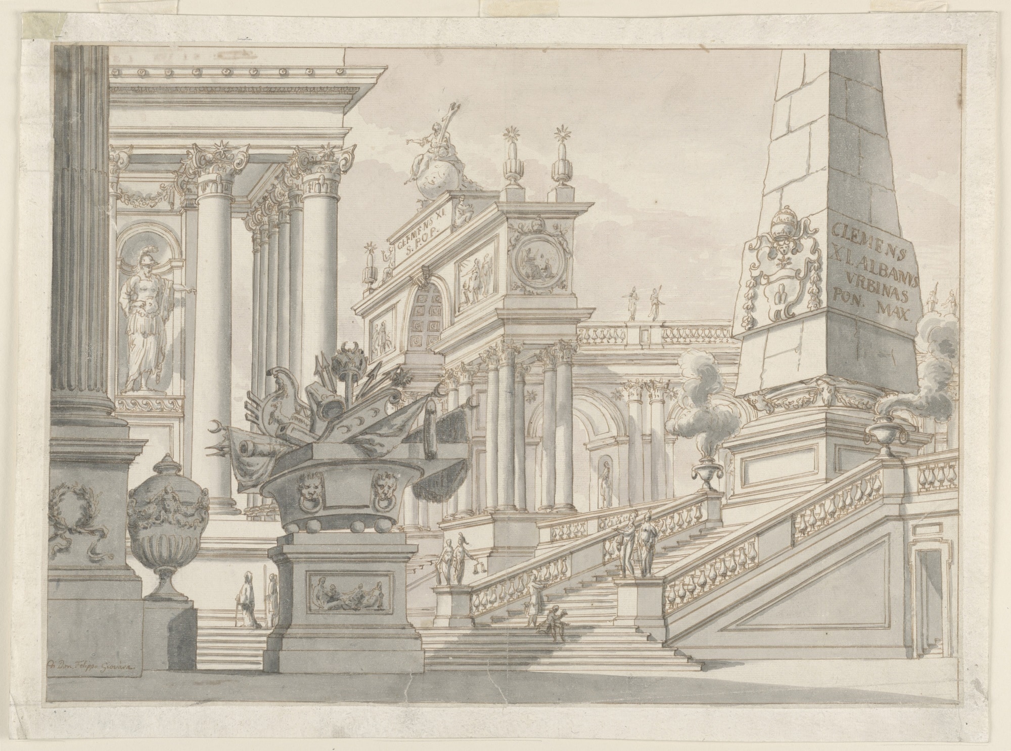 Filippo Juvarra, Scenografia: scalinata che conduce ad un obelisco, un arco trionfale e un porticato, penna e inchiostro bruno, su carta vergata, 1720 ca.