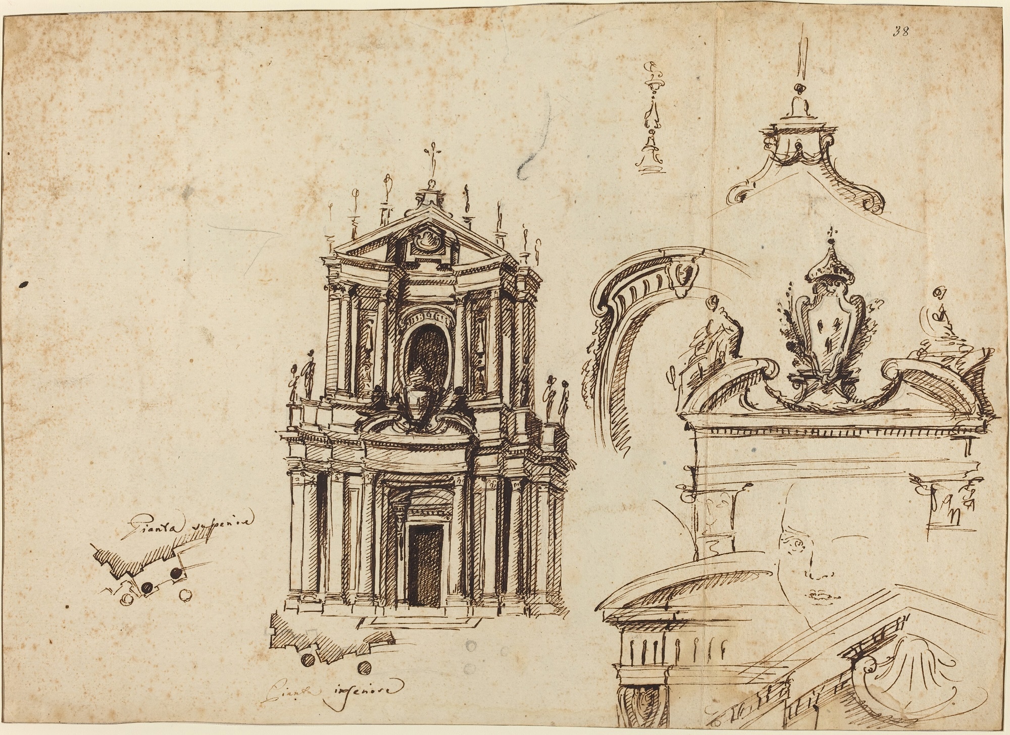 Filippo Juvarra, Studio per la facciata di Santa Cristina, 1715 ca., penna e inchiostro bruno su gesso nero su carta vergata, 30x41,5cm.