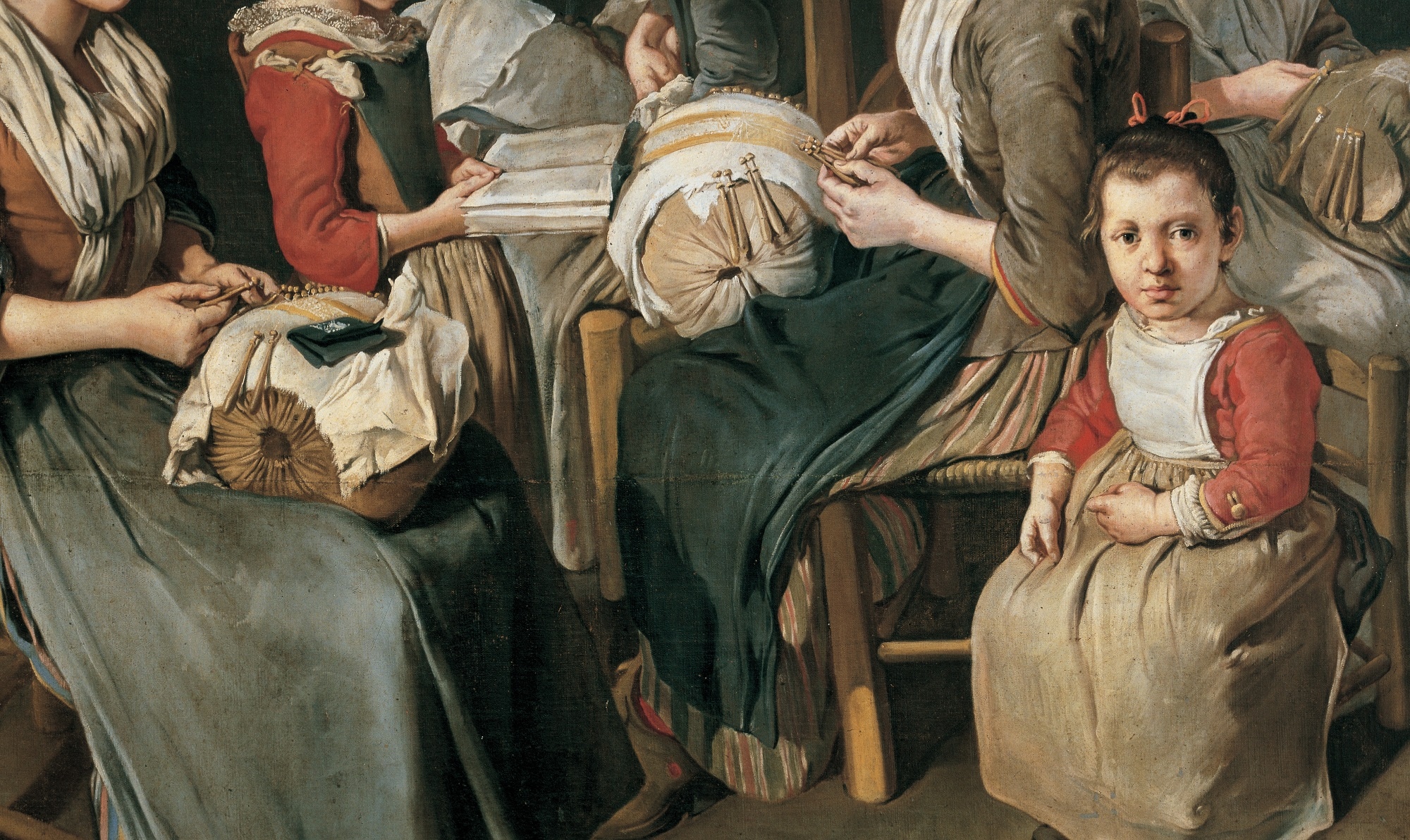 Giacomo Ceruti, dettaglio, Donne che lavorano al tombolo, 1720-’30, olio su tela, 150×200cm., Collezione privata