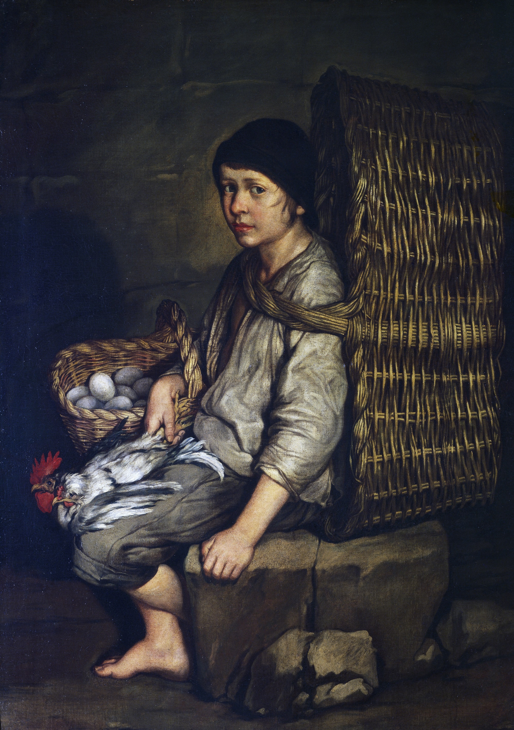 Giacomo Ceruti, Portarolo seduto con cesta a tracolla, 1730-‘40 ca., olio su tela, 130x95cm., Pinacoteca di Brera, Milano