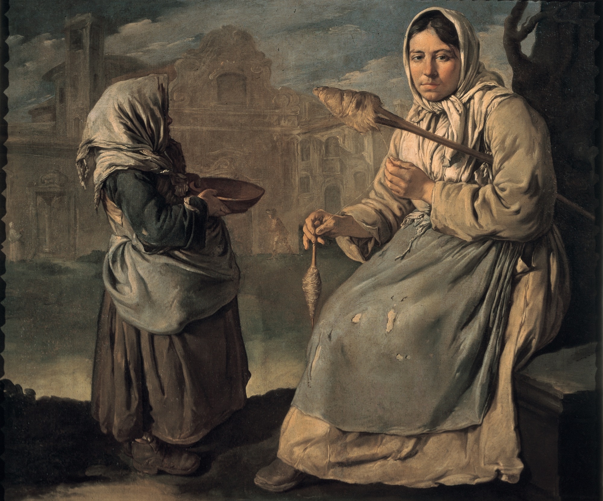 Giacomo Ceruti, Giovane mendicante e donna che fila, olio su tela 134x159cm. (Ciclo di Padernello), Collezione privata