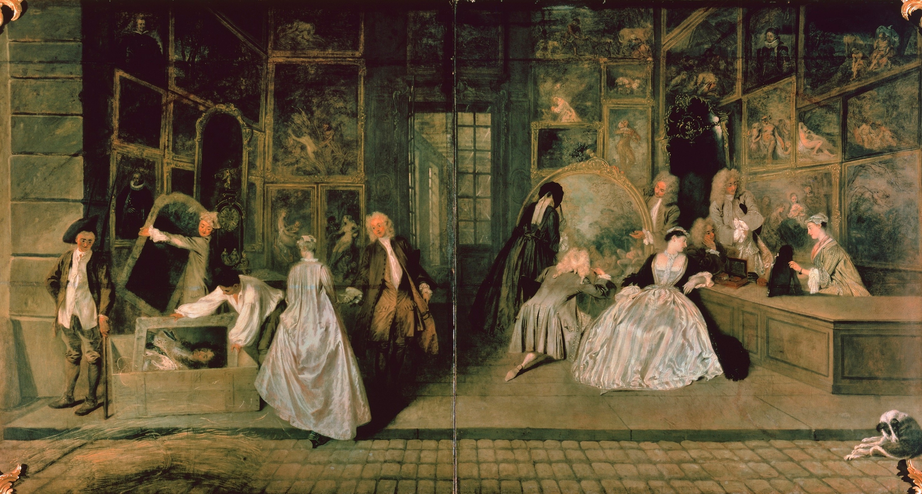 Antoine Watteau, L'insegna di Gersaint, 1720, olio su tela, 166×306cm., Castello di Charlottenburg, Berlino