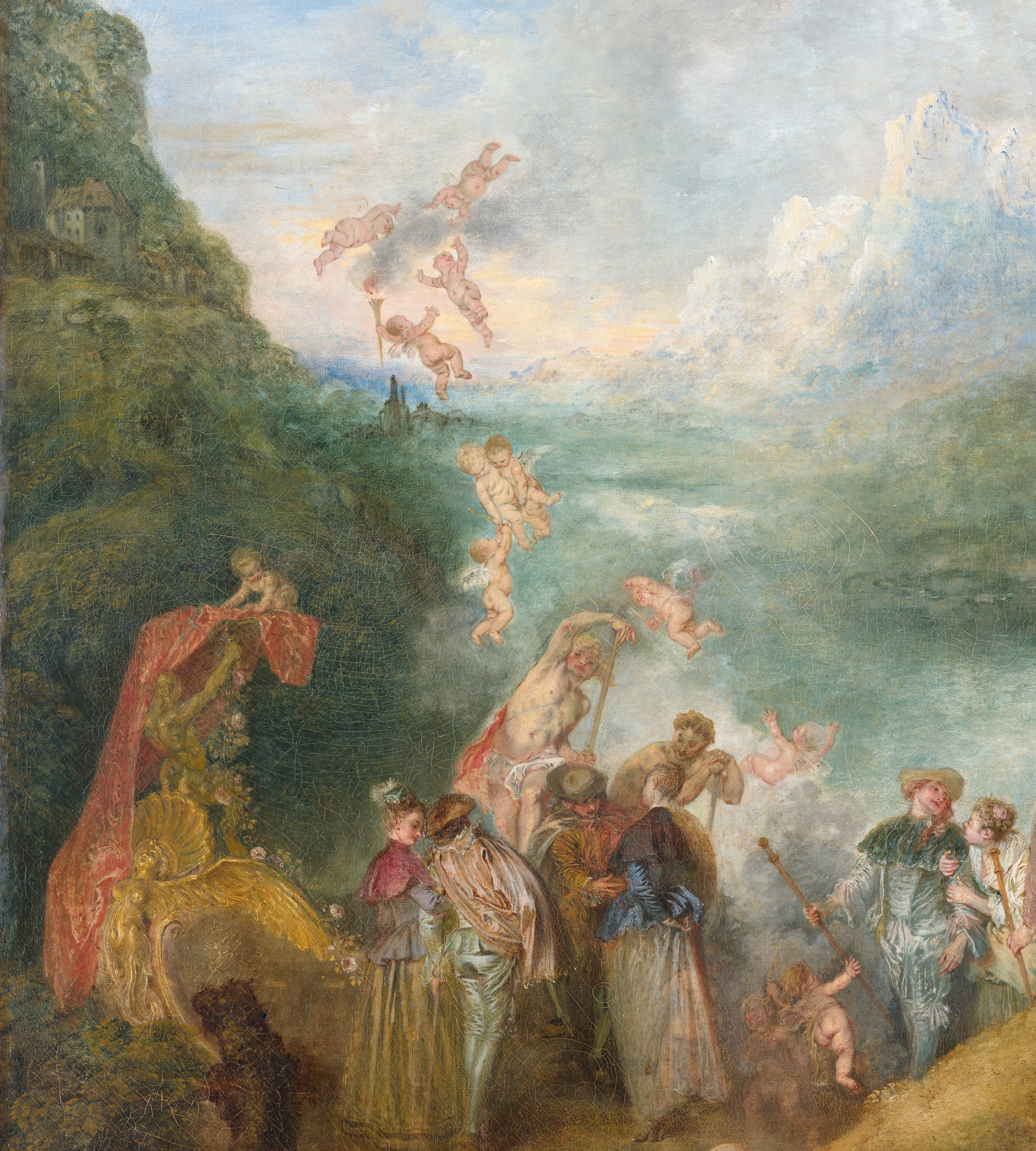 Antoine Watteau, dettaglio, Imbarco per Citera, 1717, olio tela, 129x194 cm., Museo del Louvre, Parigi