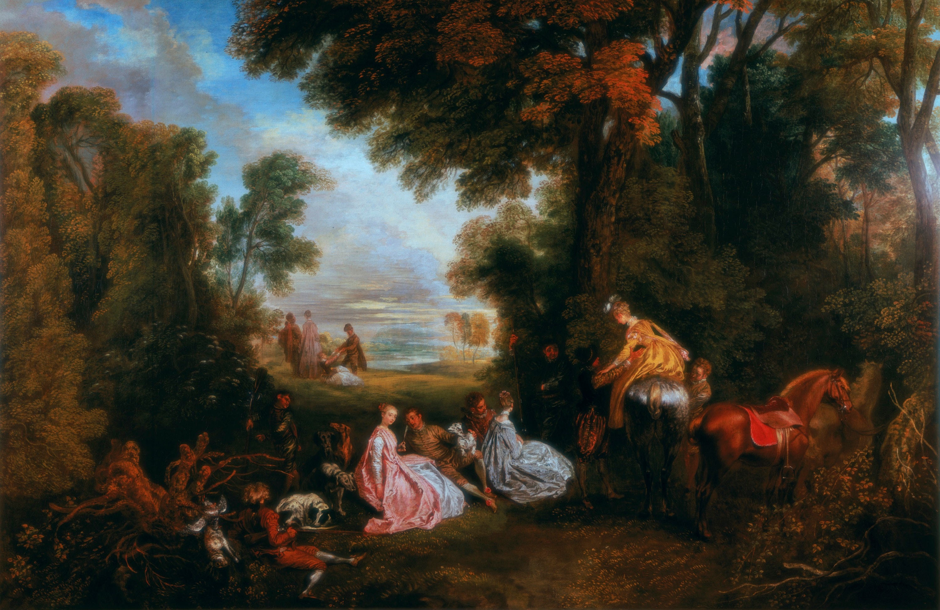 Antoine Watteau, Incontro di caccia, 1717-18 ca., olio su tela, 124,5x189cm., Wallace Collection, Londra