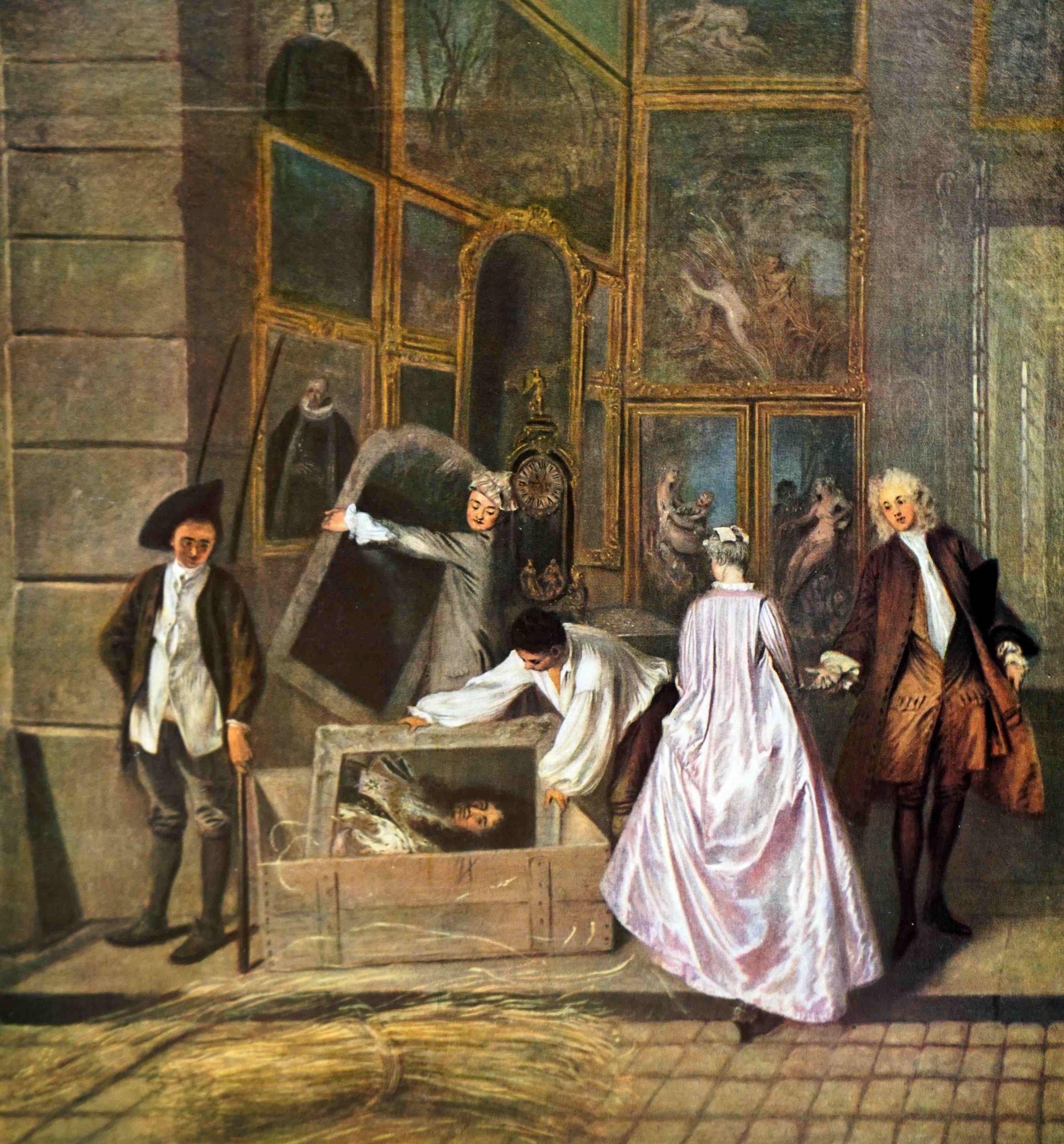 Antoine Watteau, dettaglio, L'insegna di Gersaint, 1720, olio su tela, 166×306cm., Castello di Charlottenburg, Berlino