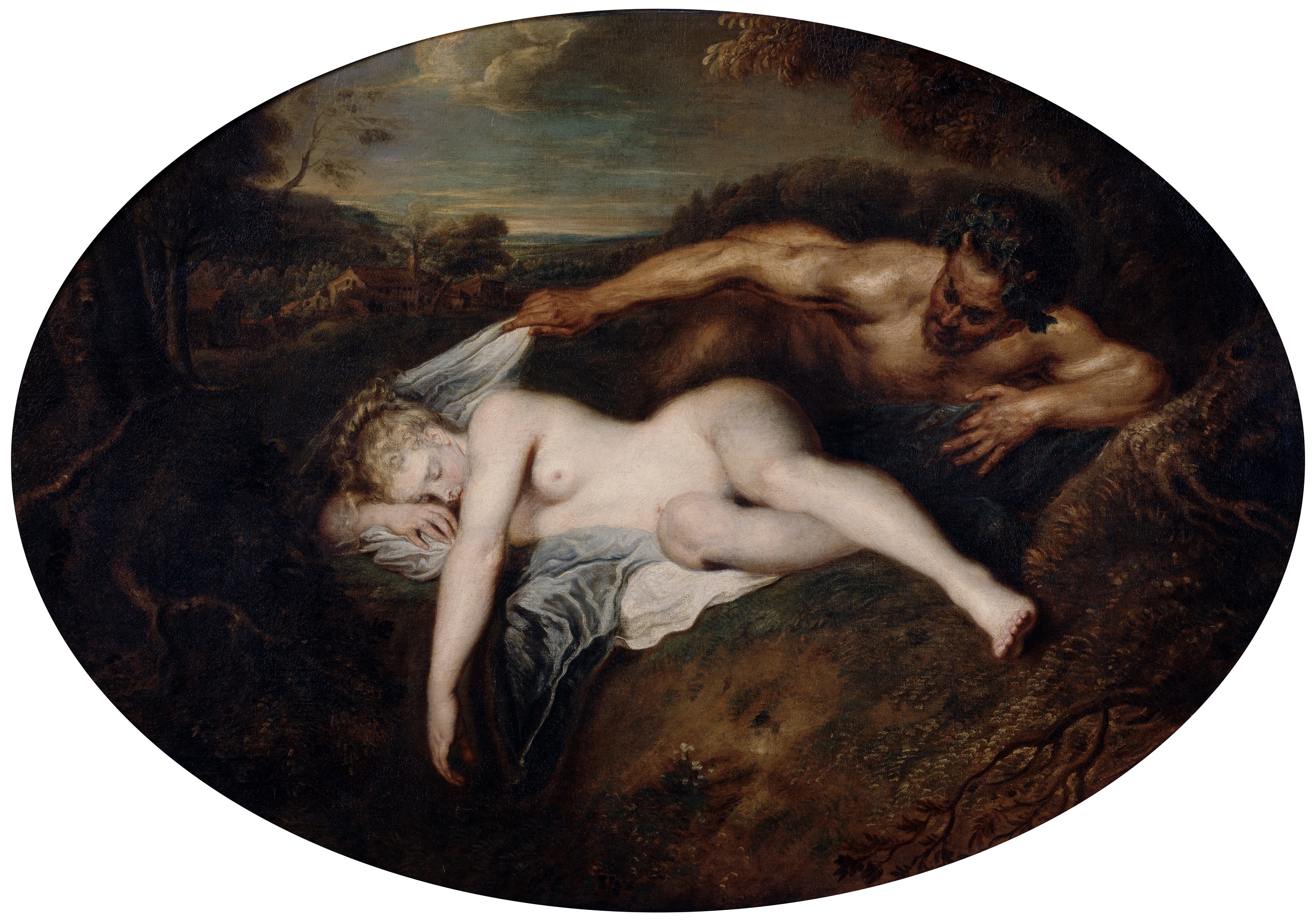 Antoine Watteau, Ninfa e Satiro, 1715-16 ca., olio su tela, ovale 29,5x24,1cm., Museo del Louvre, Parigi