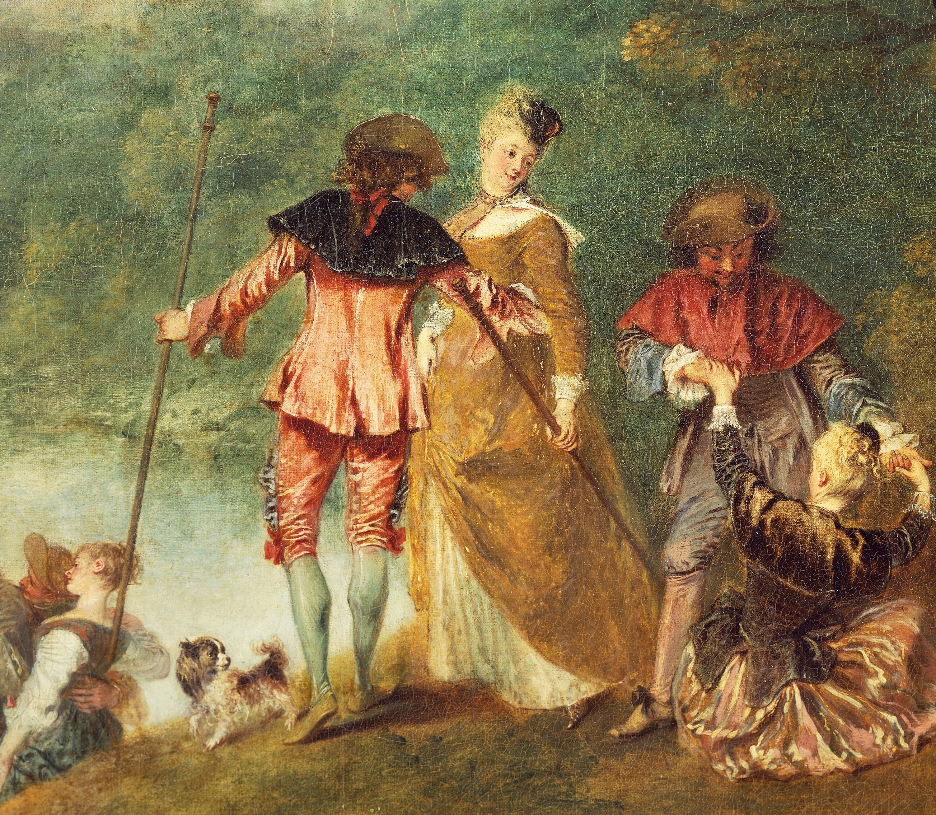 Antoine Watteau, dettaglio, Imbarco per Citera, 1717, olio tela, 129x194 cm., Museo del Louvre, Parigi