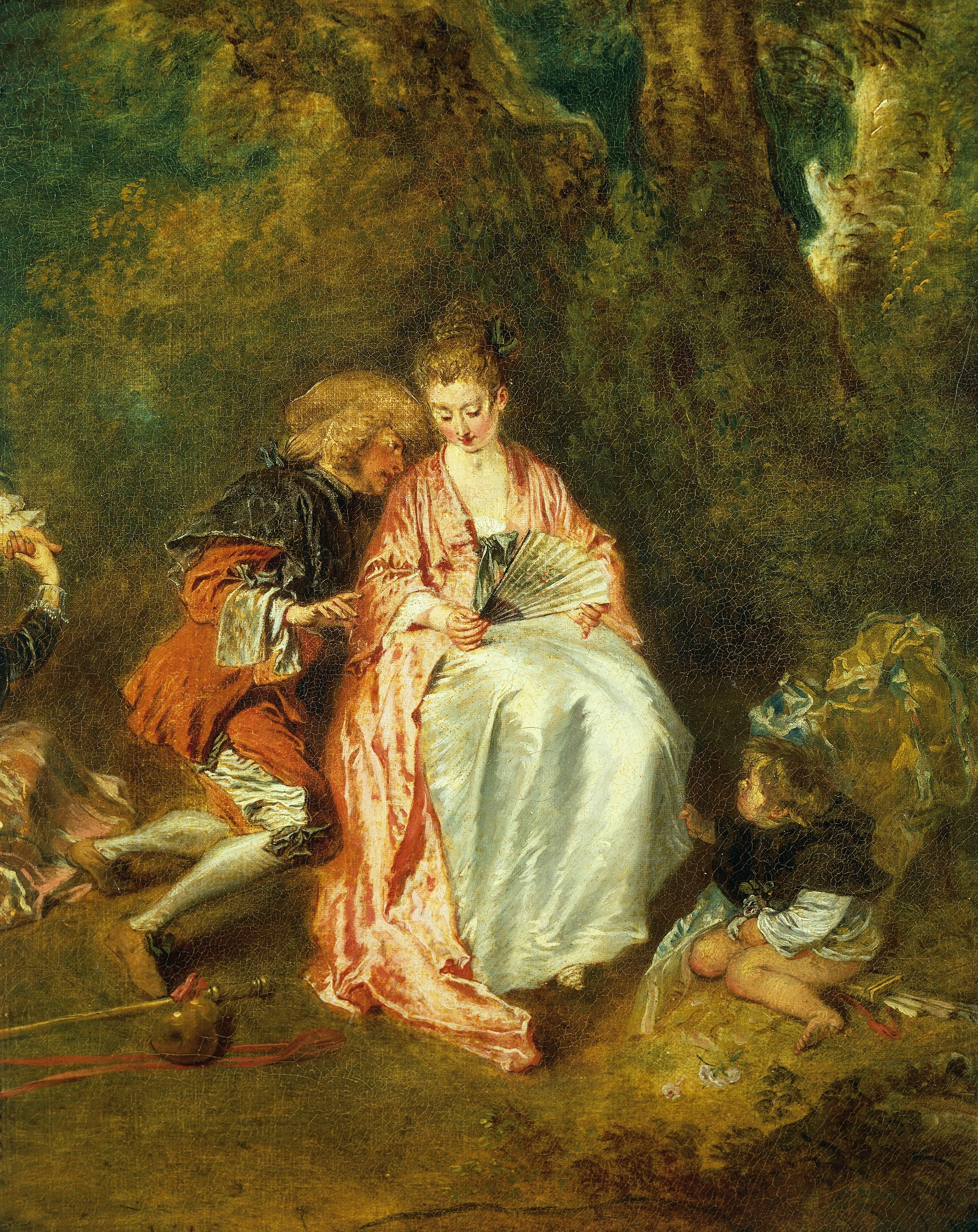 Antoine Watteau, dettaglio, Imbarco per Citera, 1717, olio tela, 129x194 cm., Museo del Louvre, Parigi