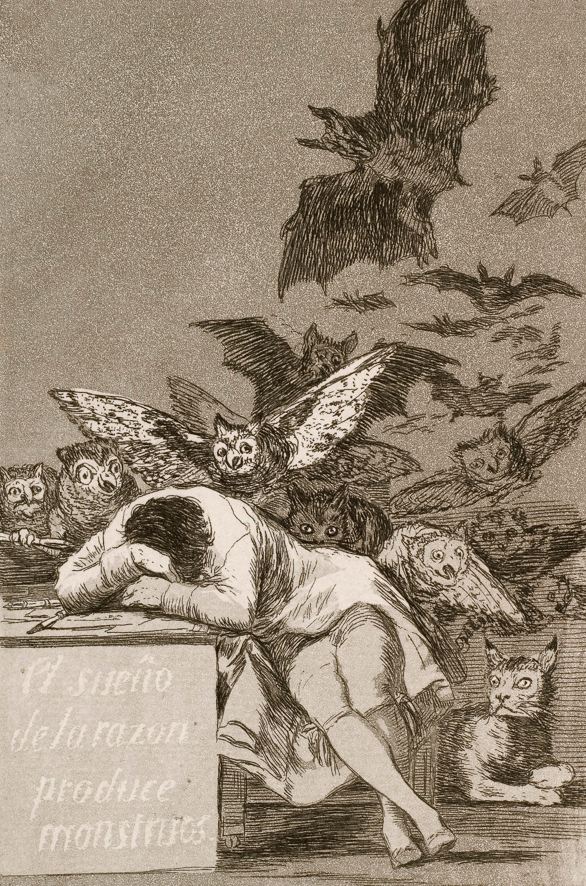 Francisco Goya, Il sonno della ragione genera mostri, 1797, acquaforte e acquatinta, foglio n. 43, della serie “I Capricci” pubblicati nel 1799