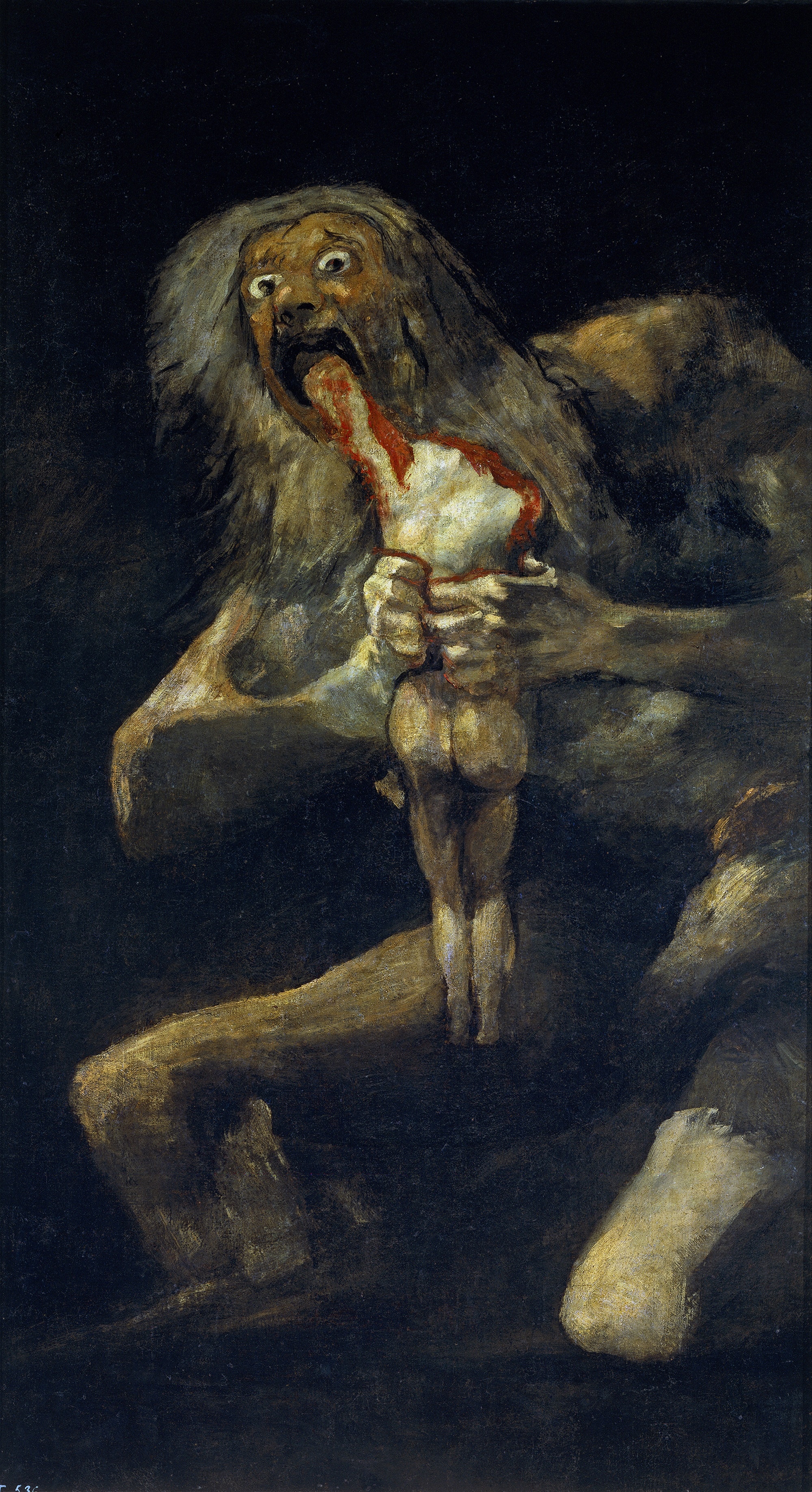 Francisco Goya, Saturno che divora i suoi figli, 1819-’23, Quinta del sordo, olio su muro trasportato su tela, 143,5x81,4 cm., Museo del Prado, Madrid