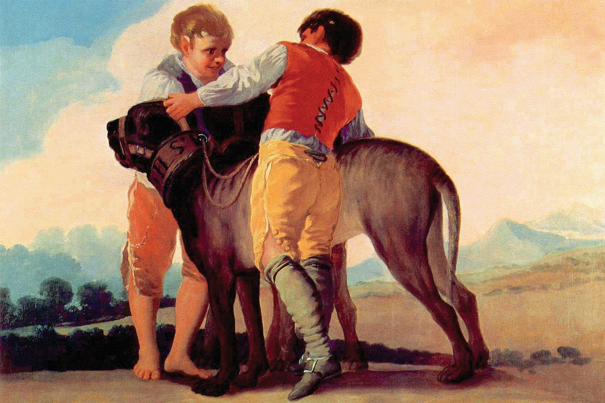 Francisco Goya, Due ragazzi con un mastino gigante, 1786, olio su tela, scena per arazzo, 112x145cm., Museo del Prado, Madrid