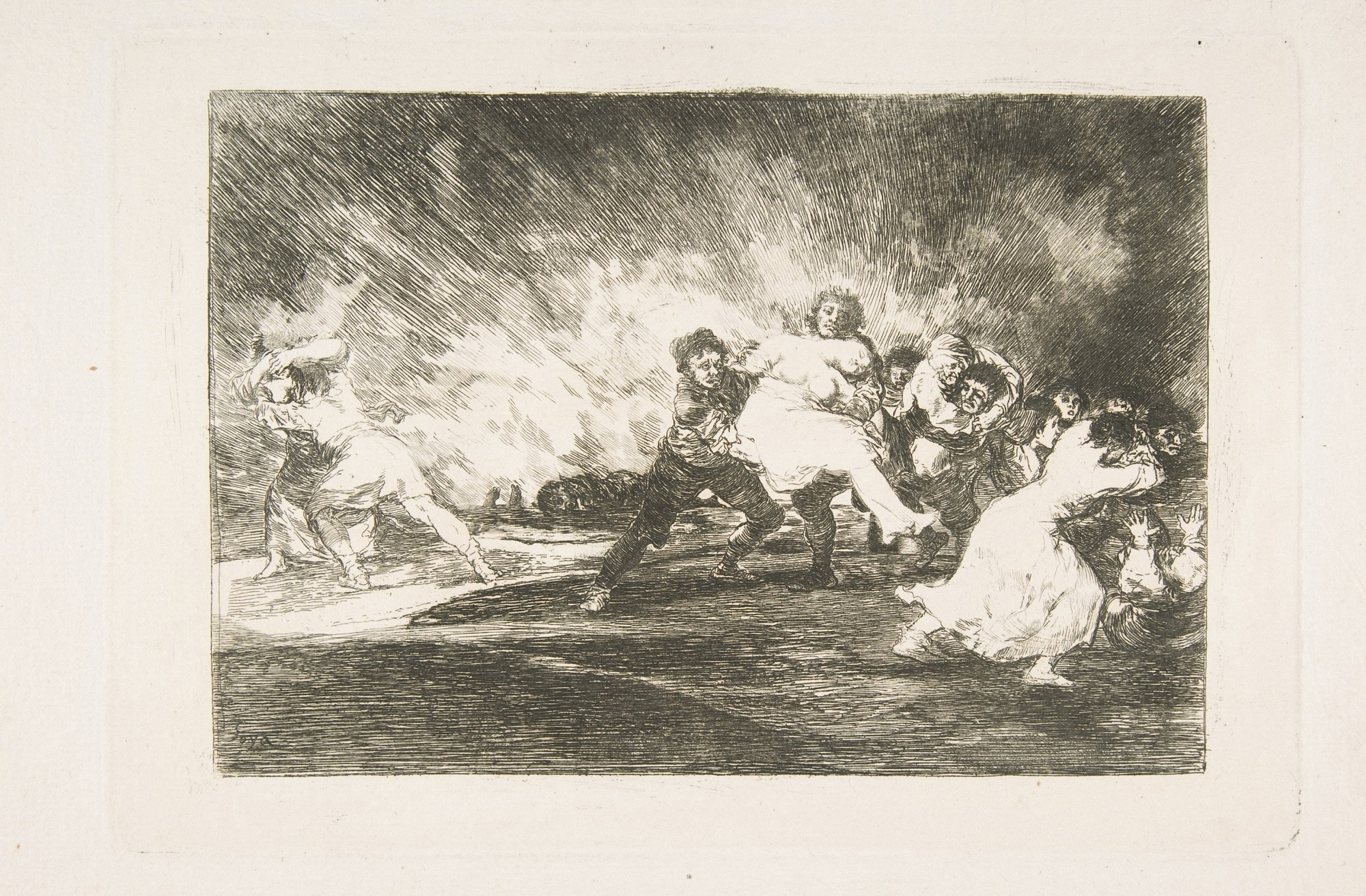 Francisco Goya, Fuga attraverso le fiamme, 1810-1820 circa, acquaforte e acquatinta su carta, foglio n. 41, serie “I disastri della guerra”