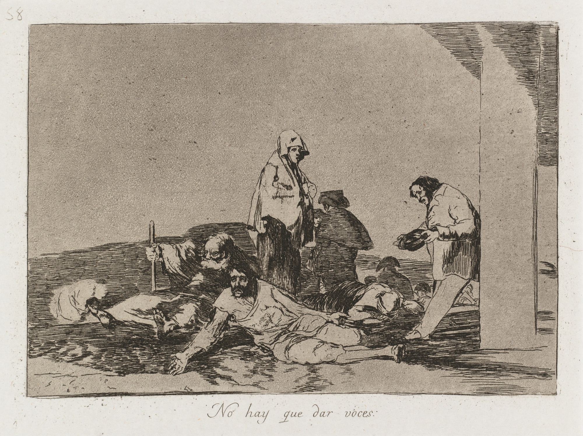 Francisco Goya, Non serve a niente gridare, 1810-1820 circa, acquaforte e acquatinta su carta, foglio n. 58, serie “I disastri della guerra”