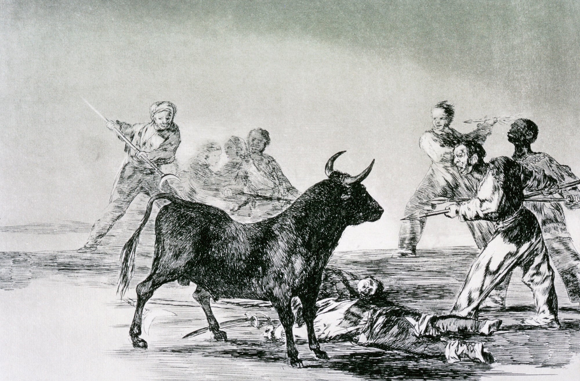 Francisco Goya, Una folla con armi ferma il toro, 1815-1816, acquaforte e acquatinta, foglio n. 12, serie “La tauromachia”