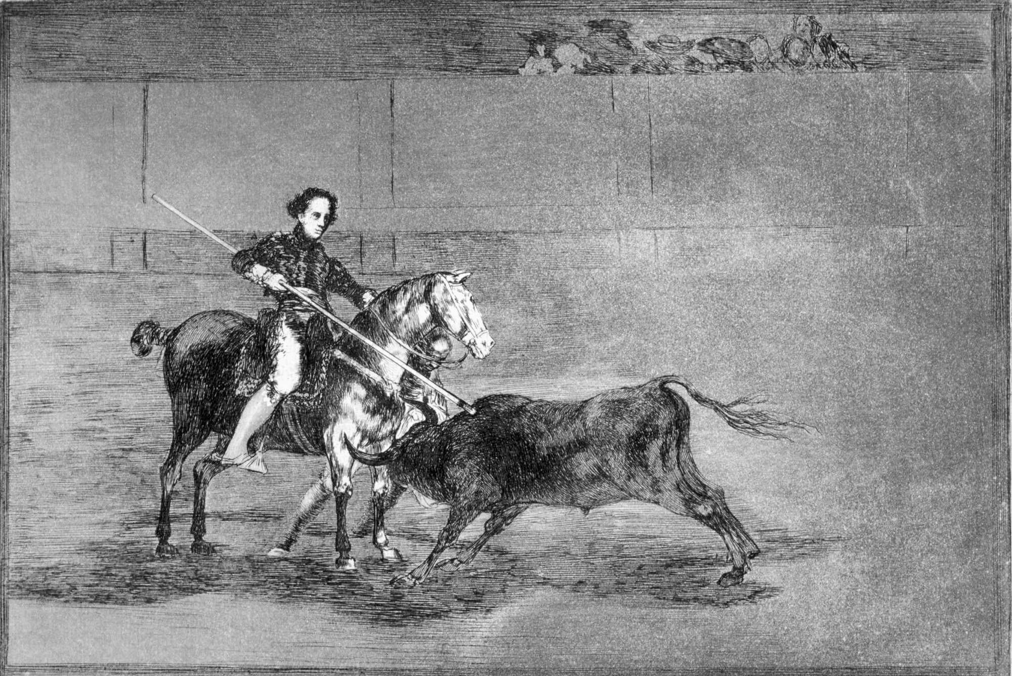 Francisco Goya, Dimostrazione di coraggio virile della famosa Pajuelera sull'arena di Saragozza, 1815-1816, acquaforte e acquatinta, foglio n. 22, serie “La tauromachia”