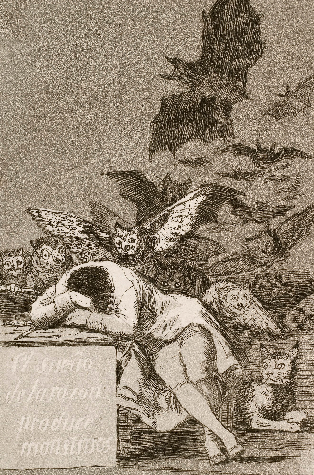 Francisco Goya, Il sonno della ragione genera mostri, 1799, acquaforte e acquatinta su carta, foglio n. 43, serie “I Capricci” 