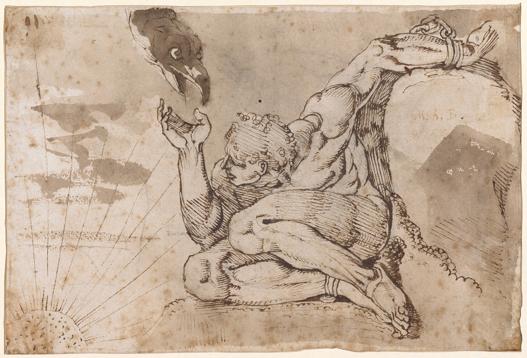 Johann Heinrich Füssli, Prometeo, 1770-‘71, penna e matita marrone su carta, 15x22,2cm., iscrizione sulla roccia “M.A.B.”, ossia, Michelangelo Buonarroti 