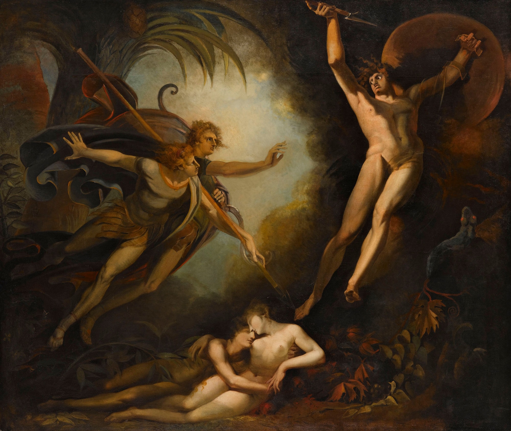 Johann Heinrich Füssli, Satana, toccato dalla lancia di Ithuriel, 1779, da “Paradiso perduto” di John Milton, serie “Milton Gallery”, olio su tela, 230,5×276,3cm., Staatsgalerie, Stoccarda